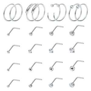 zelores 24pcs 20g nose ring studs stainless steel nose rings hoop l shaped nose studs 8mm hoop nose piercing jewelry for women men (l-shaped)