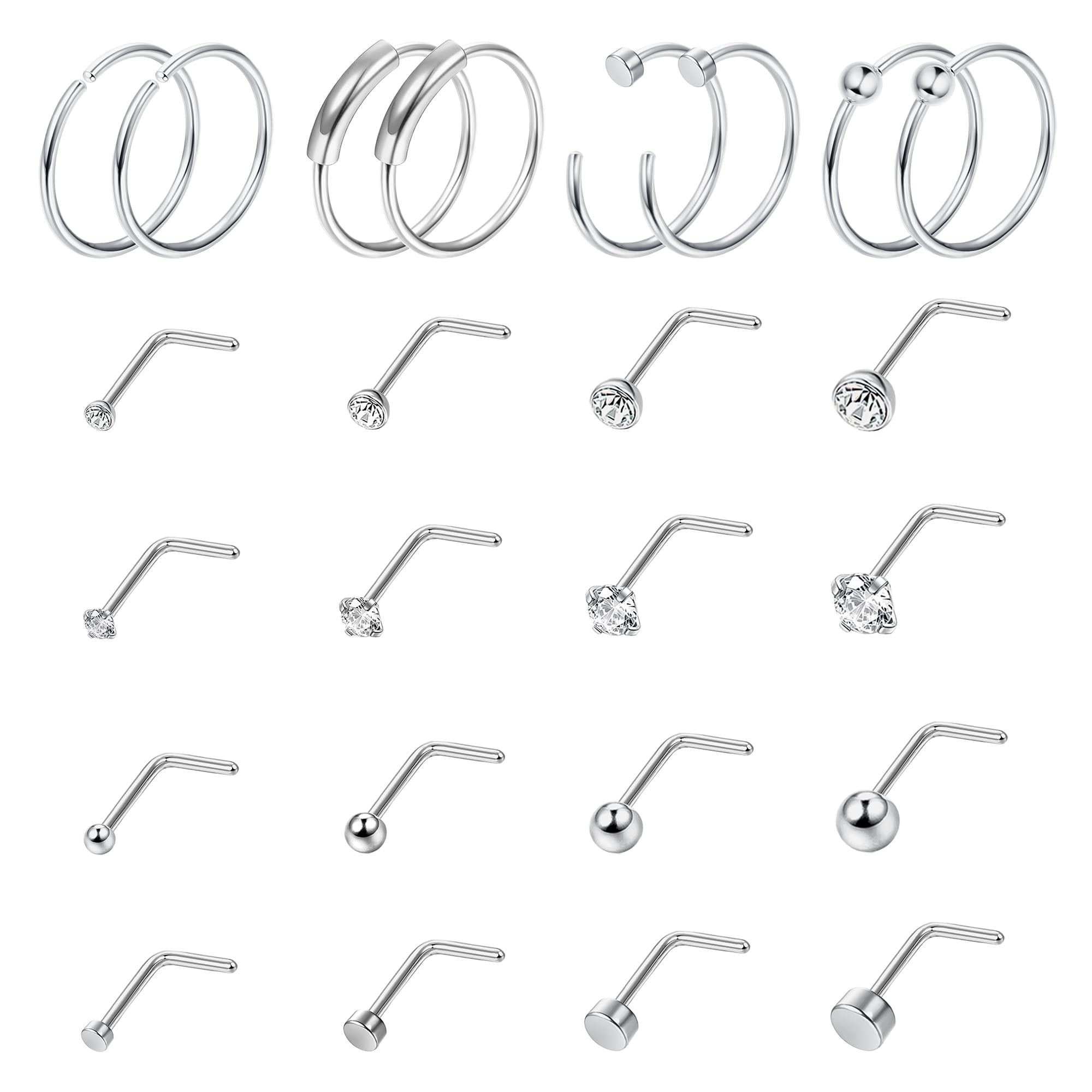 ZELORES 24PCS 20G Nose Ring Studs Stainless Steel Nose Rings Hoop L Shaped Nose Studs 8MM Hoop Nose Piercing Jewelry for Women Men (L-Shaped)