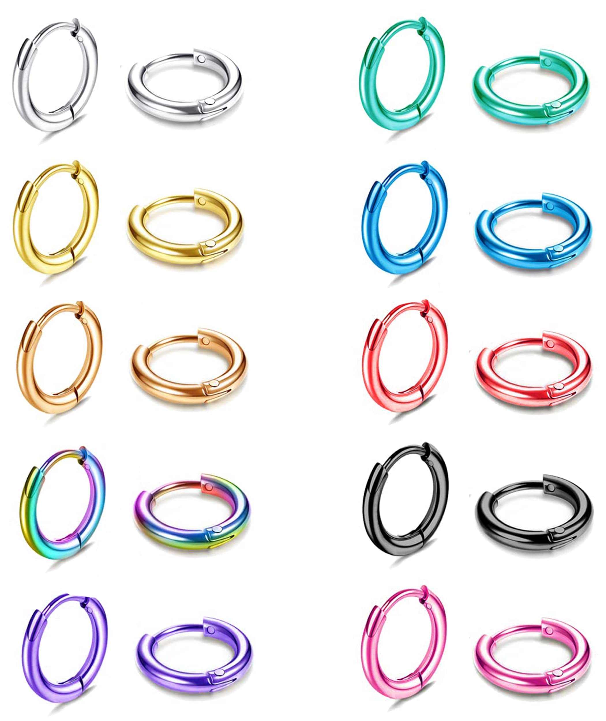 EIELO 10 Pairs Stainless Steel Small Hoop Earrings for Men Women Huggie Earrings Cool Mens Earrings Set Multicolor Huggie Hoop Earrings Piercing Cartilage Helix Lobes Sleeper Hoop Earrings Set 2mm