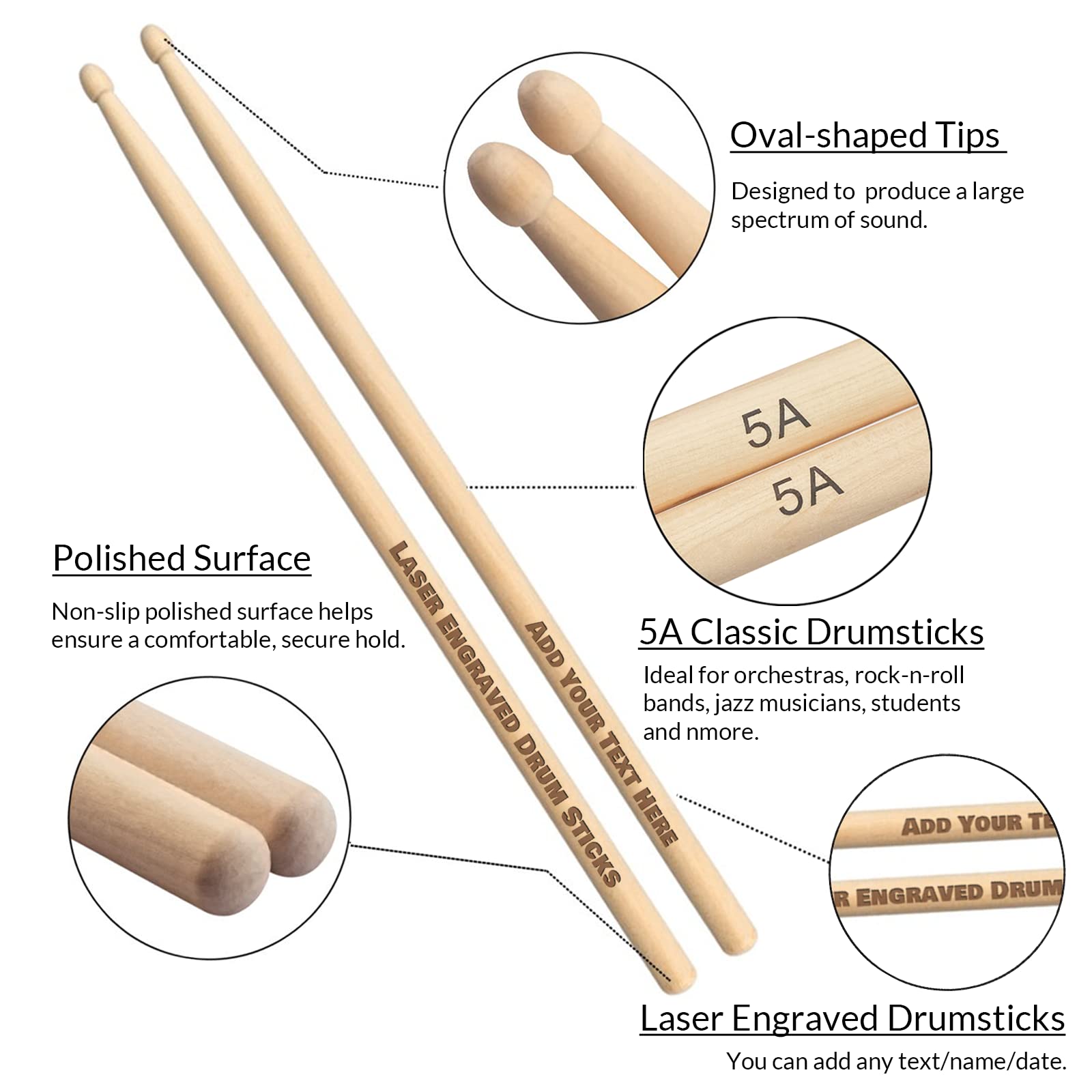 Personalized Drumsticks, Custom Engraved 5A Maple Drum Sticks with Name Text, Gifts for Drummer Musician Men Boyfriend Husband - 1 PAIR