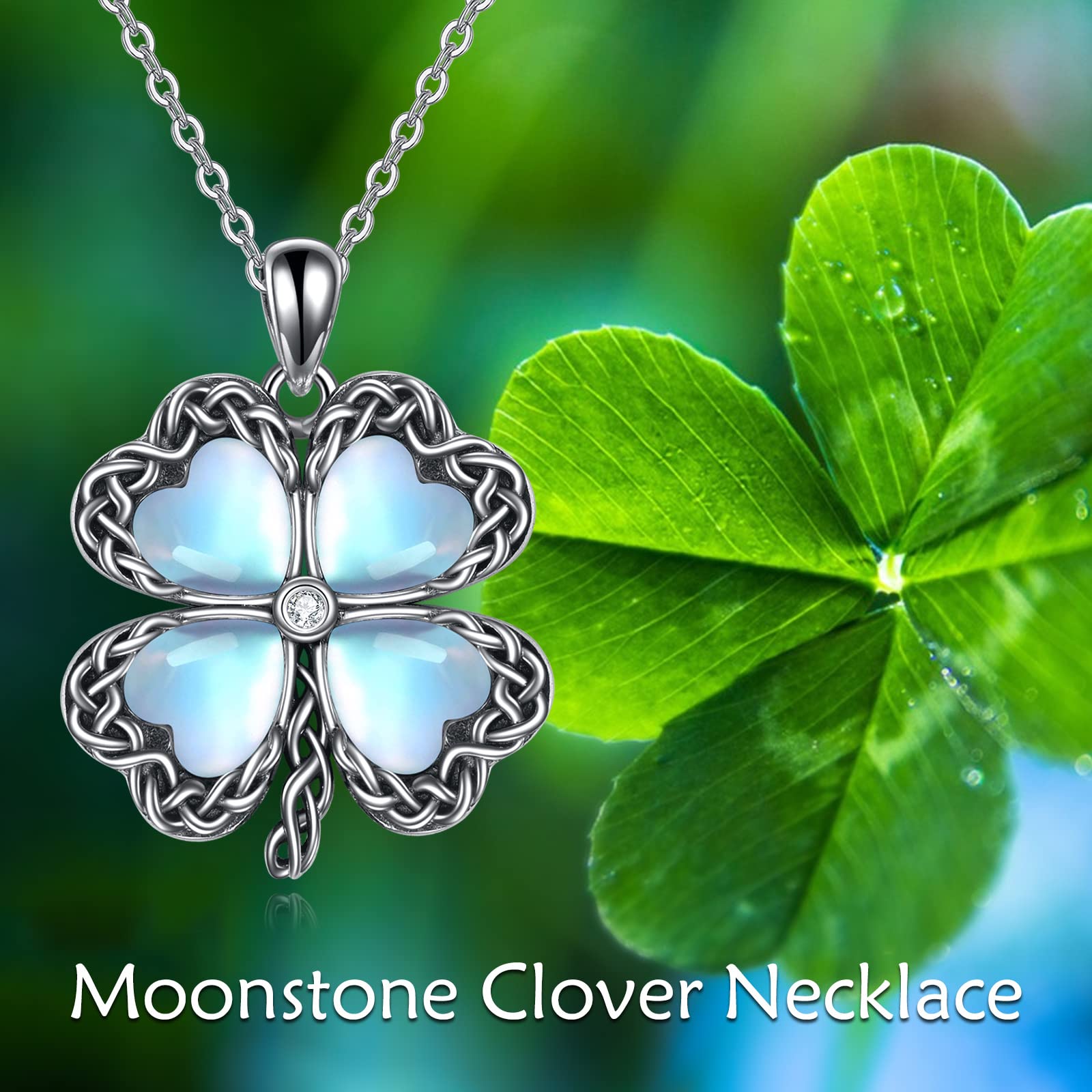 YAFEINI Four Leaf Clover Necklace Sterling Silver Shamrock Necklace Moonstone Clover Jewelry St. Patricks Day Mothers Day for Mum Women