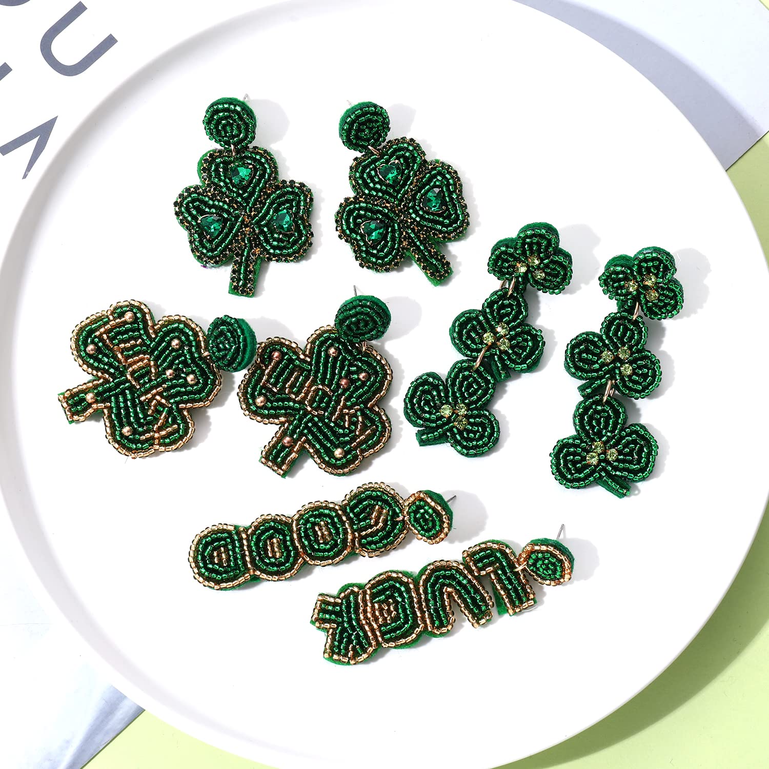 4Pairs St. Patrick's Day Earrings Beaded Lucky Leaf Earring for Women (Style D)