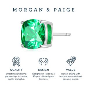 MORGAN & PAIGE .925 Sterling Silver Platinum Plated Cushion Cut Green Cubic Zirconia Earrings Studs, 4-Prong Setting Butterfly-Back Simulated Diamond Stud Earrings for Women Hypoallergenic Earrings