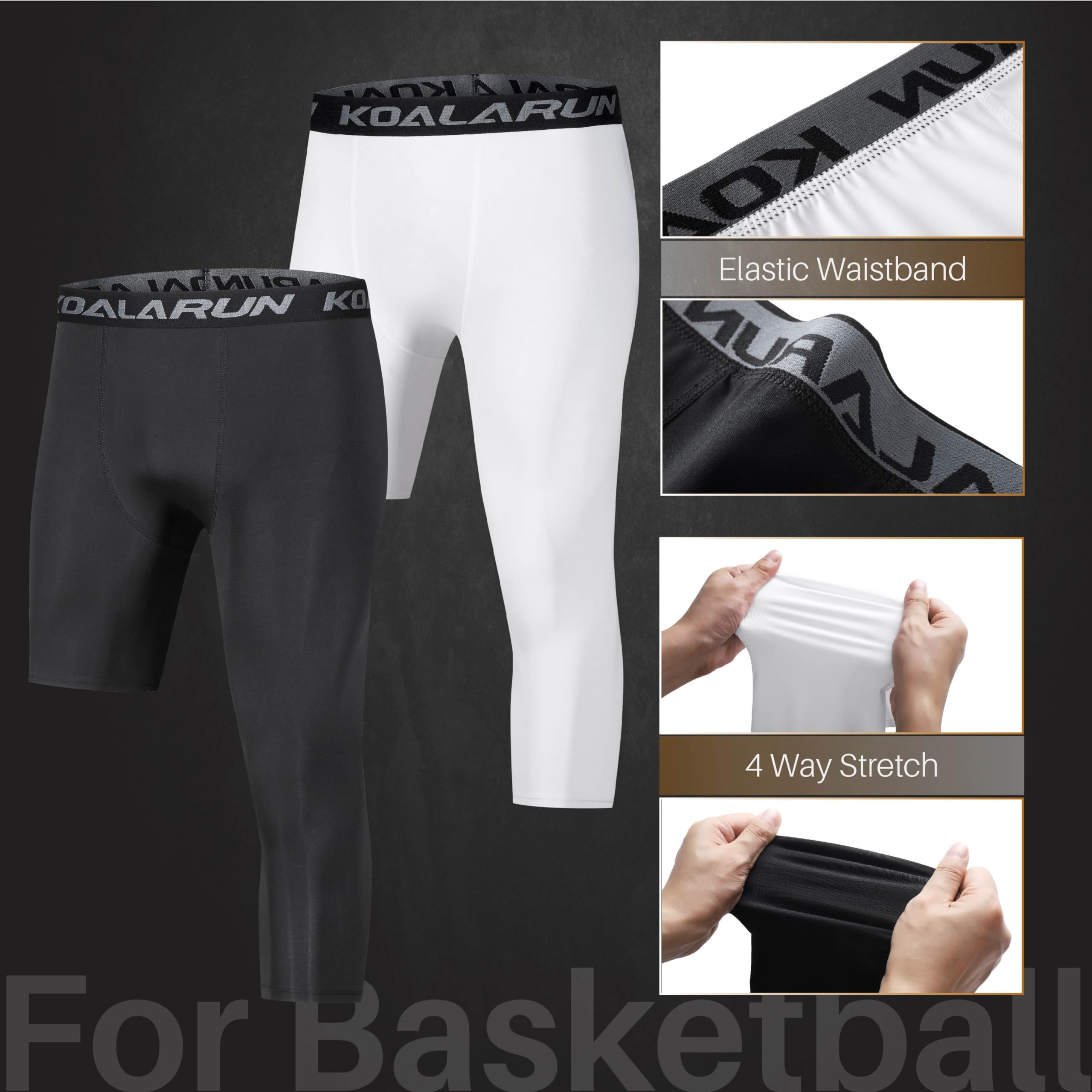 Koalarun One Leg 3/4 Compression Tights for Basketball Single Leg Men's Compression Pants Capris Sports Leggings 2 Pack