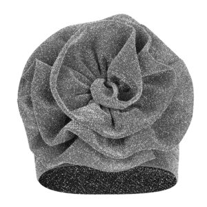 Women Turban Flower Caps Chemo Head Wraps Cap Stretchy Turban Hat Head Cover Flower Knot India's Hat for Women Girl Silvery