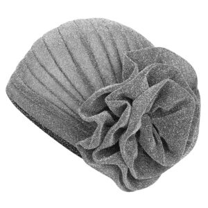 Women Turban Flower Caps Chemo Head Wraps Cap Stretchy Turban Hat Head Cover Flower Knot India's Hat for Women Girl Silvery