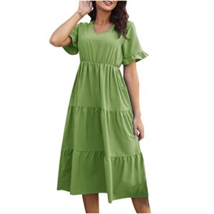 YMUQEIGH Summer Dresses for Women Dressy Casual Ruffle Short Sleeve Swing Dress Solid Color V-Neck Sundress Elegant Dress Green