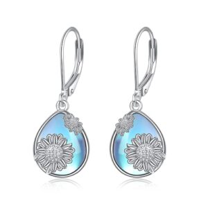 DAYLINLOVE Sunflower Earrings 925 Sterling Silver Moonstone Sunflower Dangle Drop Earring for Women