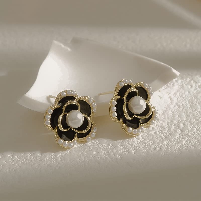 Imitation Pearl Stud Earrings,925 Sterling Silver Stud Earrings, Black Earrings for Women