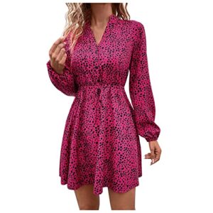 ymuqeigh spring summer dresses for women casual long sleeve mini dress fashion leopard print sun dress elegant v-neck dress hot pink