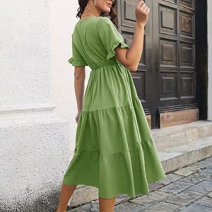 YMUQEIGH Summer Dresses for Women Dressy Casual Ruffle Short Sleeve Swing Dress Solid Color V-Neck Sundress Elegant Dress Green