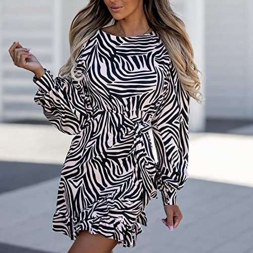 YMUQEIGH Elegant Dresses for Women Spring Summer Long Sleeve Mini Dress Fashion Floral Print Swing Dress Irregular Hem Dress Black