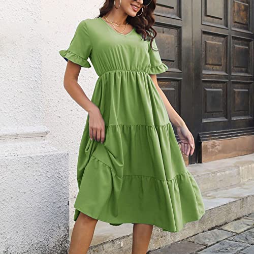 YMUQEIGH Summer Dresses for Women Dressy Casual Ruffle Short Sleeve Swing Dress Solid Color V-Neck Sundress Elegant Dress Green