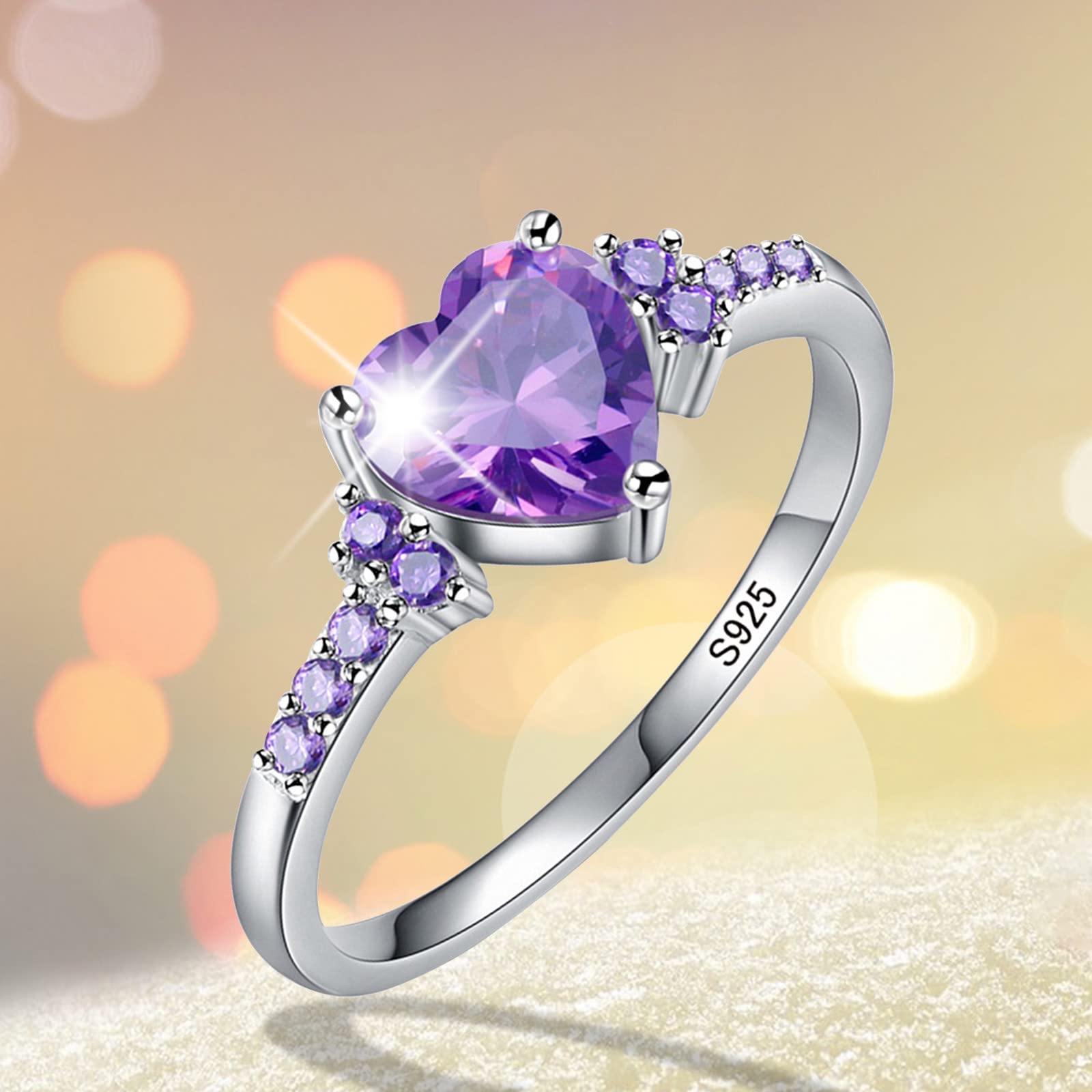 Women Heart Shaped Engagement Rings Inlaid Zircon Anniversary Rings Fashion Wedding Exquisite Jewelry (Purple, 8)