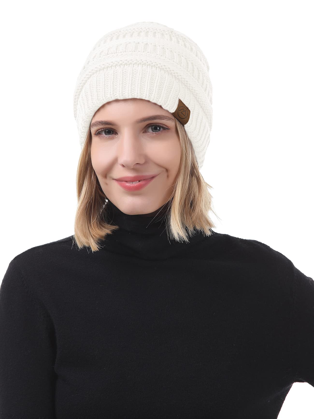 American Trends Satin Lined Beanie Hats Winter Hats for Women Cable Warm Knit Skull Cap Thick Slouchy Beanie Black&Light Grey&White&Pink