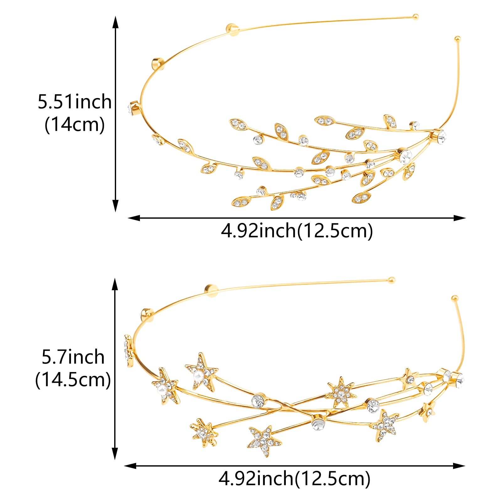 Aswewamt 2 Pcs Gold Rhinestone Alloy Five-pointed Star Headbands Bridal Hair Hoop Decorative Headpiece Wedding Hair Accessories Ornaments for Elegant Women Girls