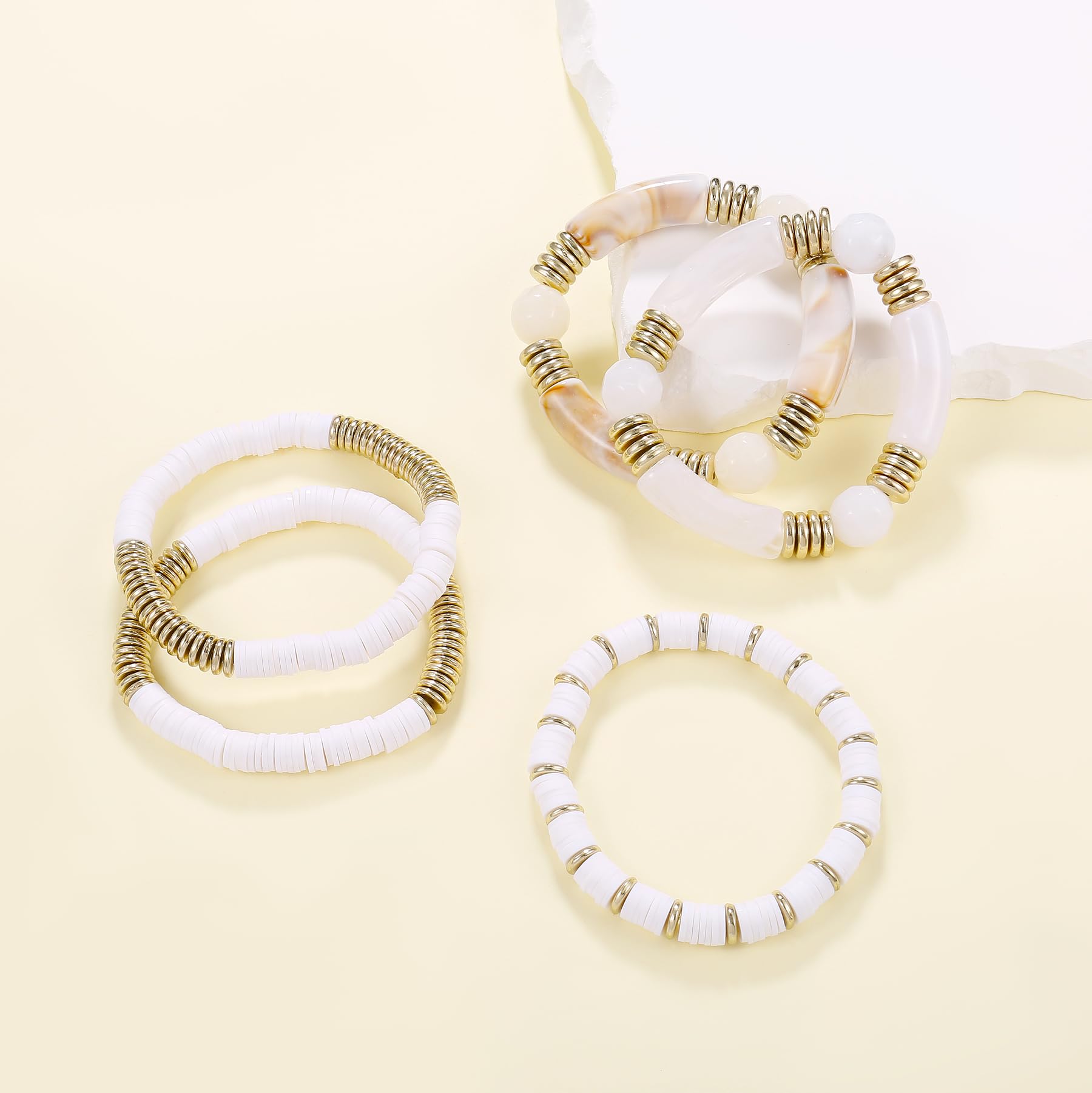 White Bamboo Tube Bangles Bracelet Chunky Curved Stacking Clear Acrylic Colorful Beads Stretchable Friendship Gold Bracelets Gifts For Bestfriends, Couple