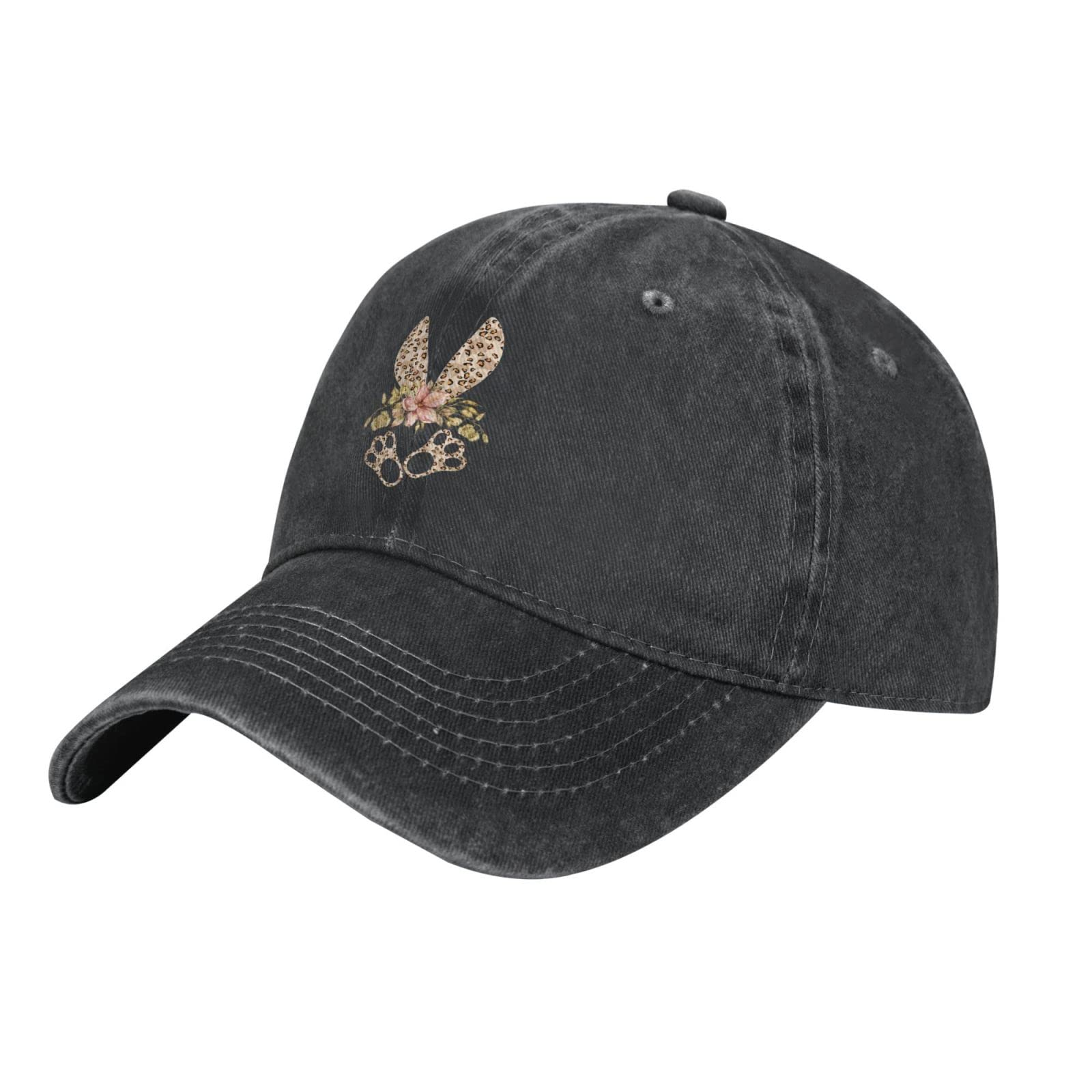 VunKo Leopard Easter Floral Bunny Black Vintage Distressed Adjustable Washed Denim Cotton Low Profile Mens Dad Trucker Hat Black Fitted Baseball Ball Cap for Men Unisex Headwear