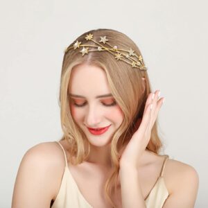 Aswewamt 2 Pcs Gold Rhinestone Alloy Five-pointed Star Headbands Bridal Hair Hoop Decorative Headpiece Wedding Hair Accessories Ornaments for Elegant Women Girls