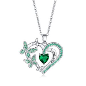 opalead heart butterfly pendant necklace 925 sterling silver sapphire ruby double heart necklace gifts for women jewelry mothers day valentines birthday gifts for girls (green)