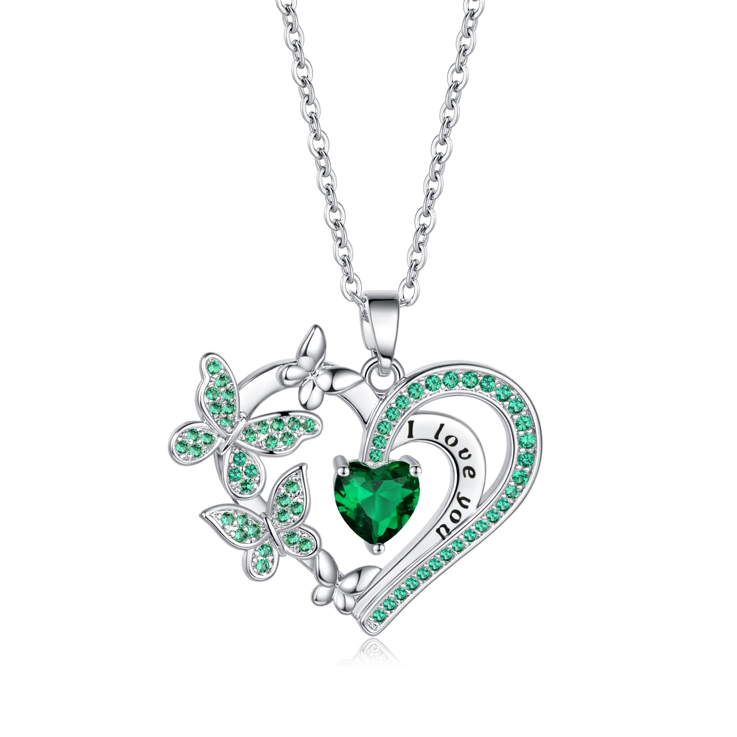 OPALead Heart Butterfly Pendant Necklace 925 Sterling Silver Sapphire Ruby Double Heart Necklace Gifts for Women Jewelry Mothers Day Valentines Birthday Gifts for Girls (Green)