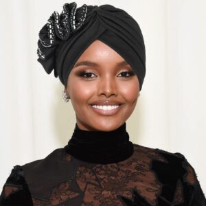 Urieo African Women Turban Cap Crystal Beanie Head Wrap Ruffle Headwrap Hat Pack of 2