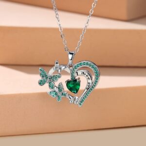 OPALead Heart Butterfly Pendant Necklace 925 Sterling Silver Sapphire Ruby Double Heart Necklace Gifts for Women Jewelry Mothers Day Valentines Birthday Gifts for Girls (Green)