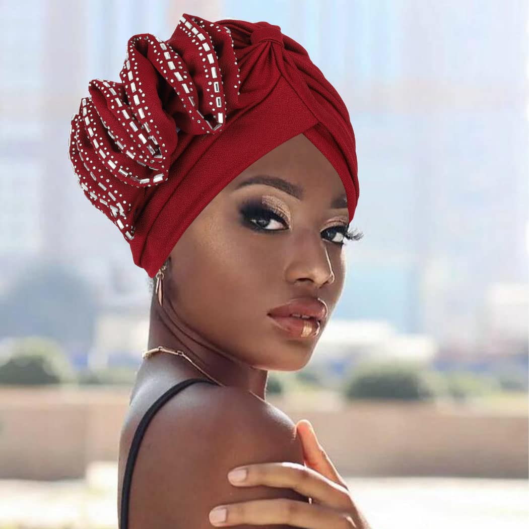 Urieo African Women Turban Cap Crystal Beanie Head Wrap Ruffle Headwrap Hat Pack of 2