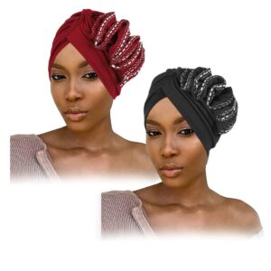 urieo african women turban cap crystal beanie head wrap ruffle headwrap hat pack of 2