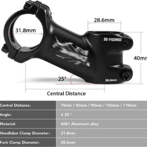 ZECHAO 31.8mm Mountain Bike Stem,17/25 Degree Ultralight Bike Stem 70/80/90/100/110mm Road Bike Aluminum Stem Mountain Power Parts Bike Stem (Color : 17 Degree, Size : 110mm)