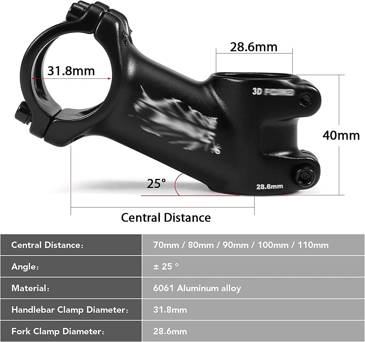 ZECHAO 31.8mm Mountain Bike Stem,17/25 Degree Ultralight Bike Stem 70/80/90/100/110mm Road Bike Aluminum Stem Mountain Power Parts Bike Stem (Color : 17 Degree, Size : 110mm)