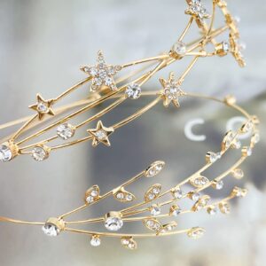 Aswewamt 2 Pcs Gold Rhinestone Alloy Five-pointed Star Headbands Bridal Hair Hoop Decorative Headpiece Wedding Hair Accessories Ornaments for Elegant Women Girls