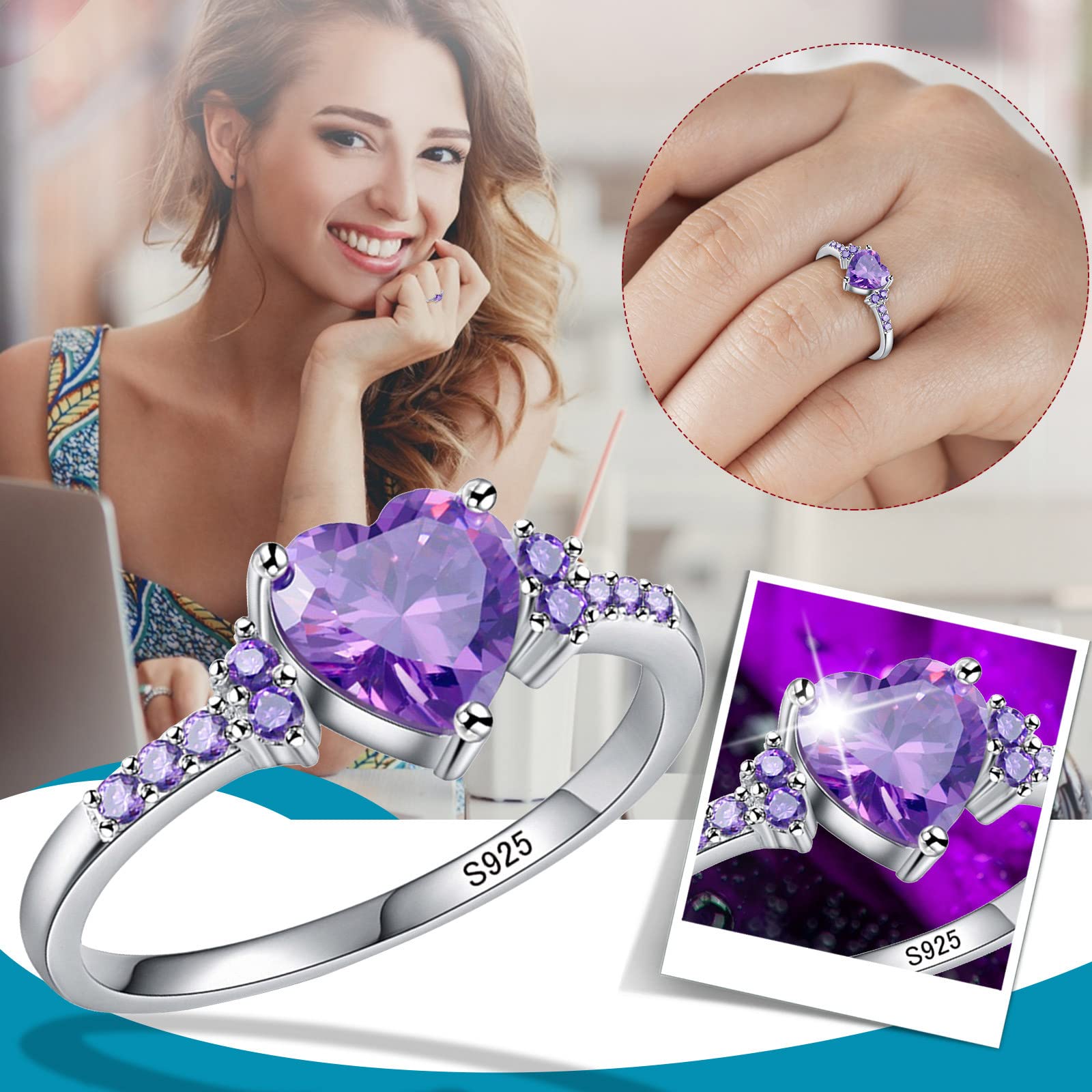 Women Heart Shaped Engagement Rings Inlaid Zircon Anniversary Rings Fashion Wedding Exquisite Jewelry (Purple, 8)