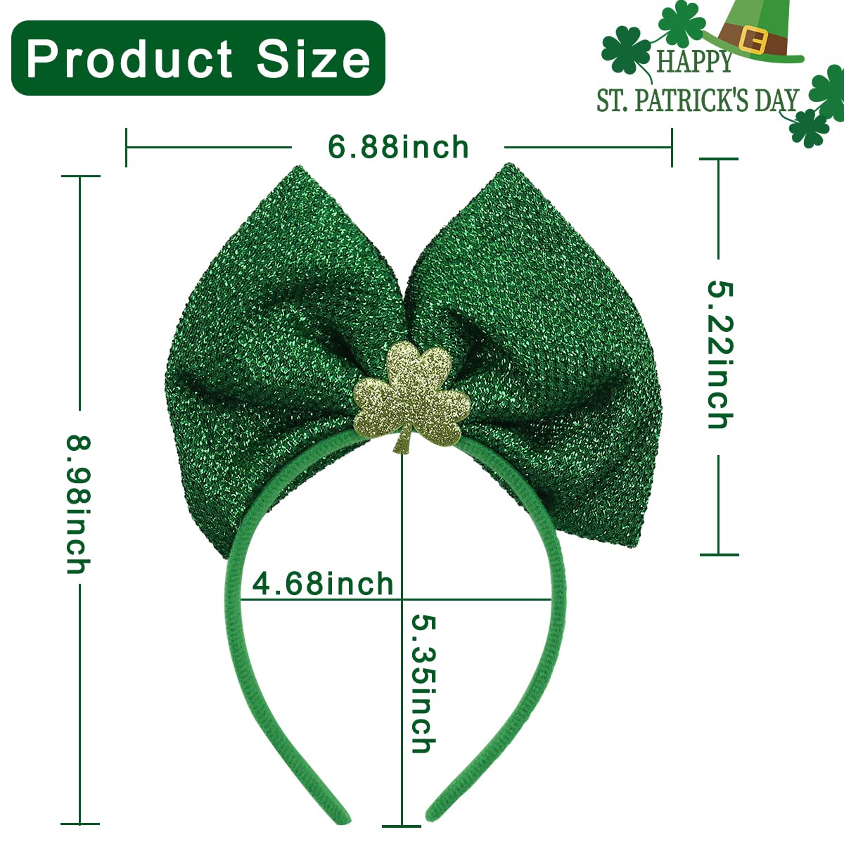 Totelux St. Patrick's Day Headband Shamrock Clover Hair Band Glitter Green Bowknot Hair Headdress for Women Girls Festive Accessories Decoration Parade Party Supplies