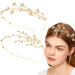 Aswewamt 2 Pcs Gold Rhinestone Alloy Five-pointed Star Headbands Bridal Hair Hoop Decorative Headpiece Wedding Hair Accessories Ornaments for Elegant Women Girls