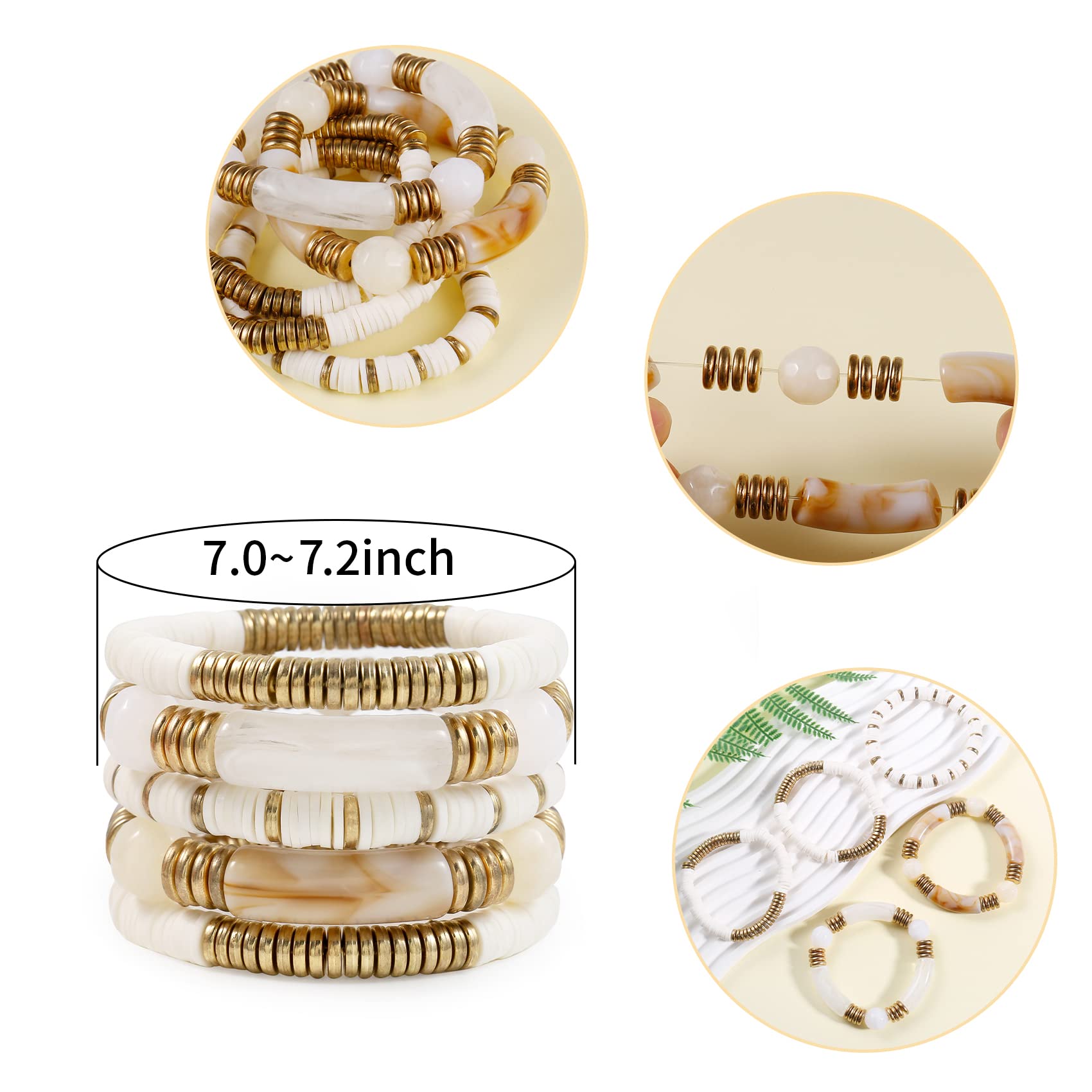 White Bamboo Tube Bangles Bracelet Chunky Curved Stacking Clear Acrylic Colorful Beads Stretchable Friendship Gold Bracelets Gifts For Bestfriends, Couple