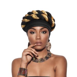 4 Pcs African Turban Head Wrap for Black Women Braid Beanie Stretchy Elastic Turban Hair Wrap(Black, White, Red, Yellow)