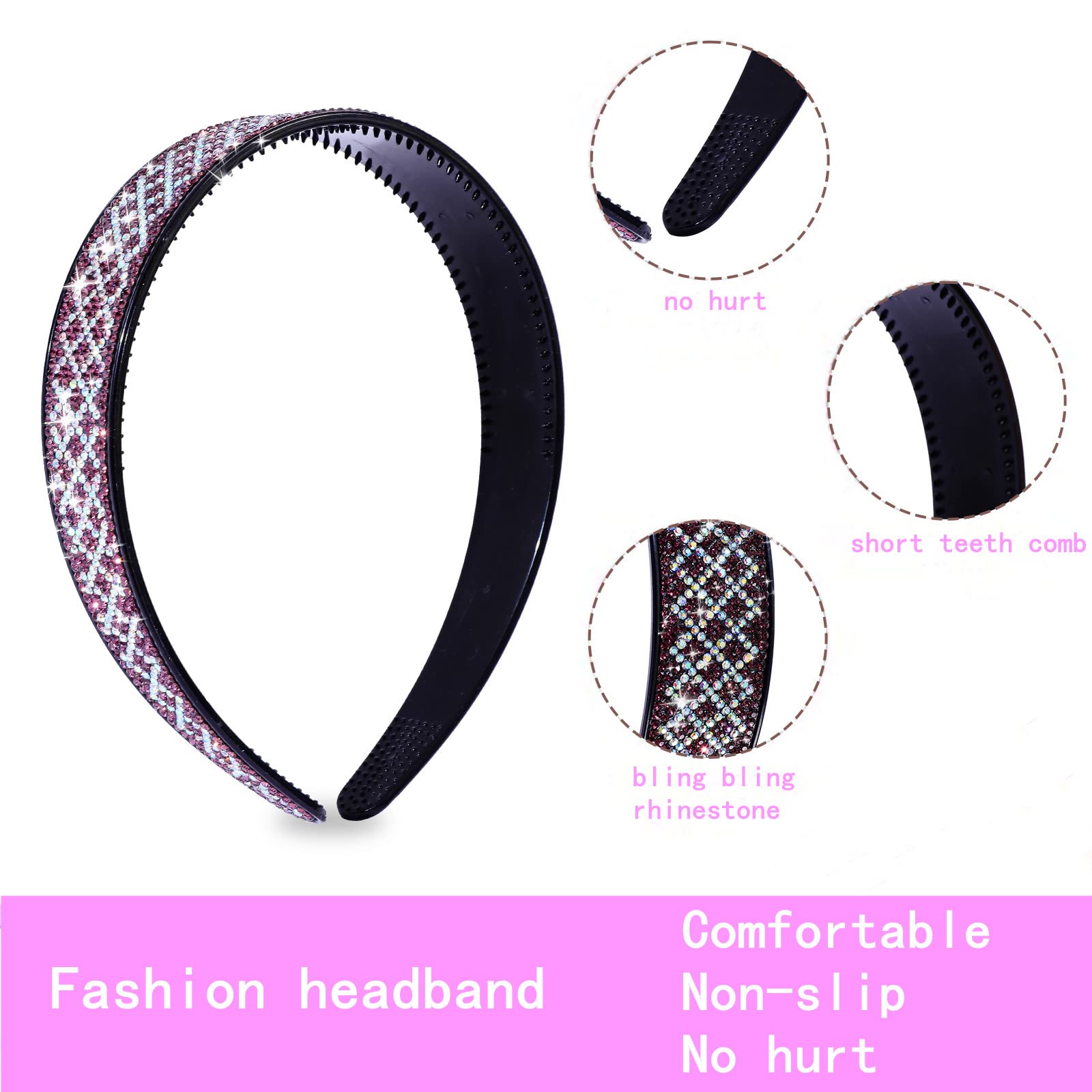 Fashion Rhinestone Headbands for Women Check Bling Headband Teeth Comb Hairbands Non Slip Hair Hoop Hair Accessories for Girls Ladies with 4PCS