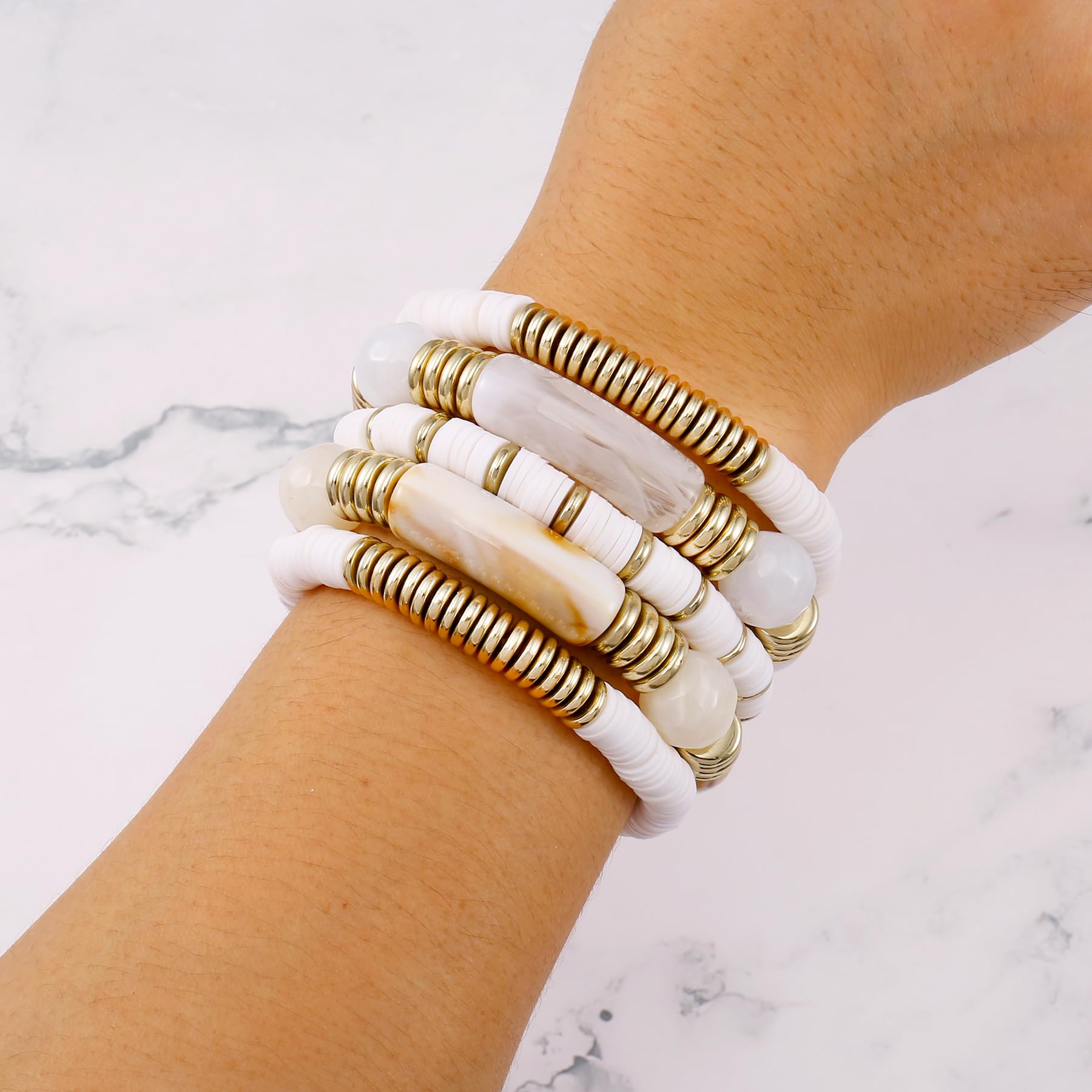 White Bamboo Tube Bangles Bracelet Chunky Curved Stacking Clear Acrylic Colorful Beads Stretchable Friendship Gold Bracelets Gifts For Bestfriends, Couple