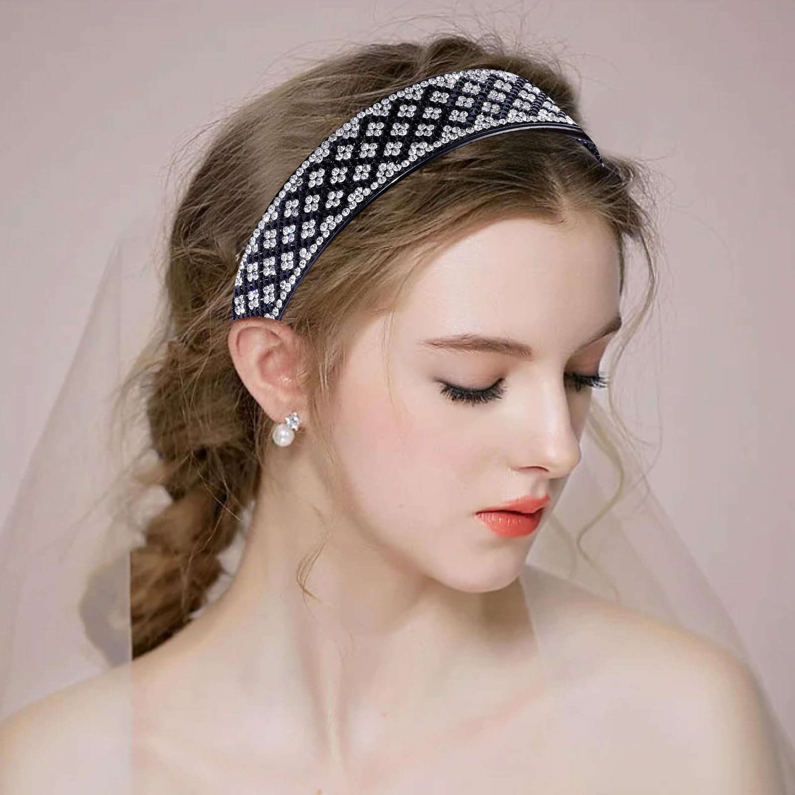 Fashion Rhinestone Headbands for Women Check Bling Headband Teeth Comb Hairbands Non Slip Hair Hoop Hair Accessories for Girls Ladies with 4PCS