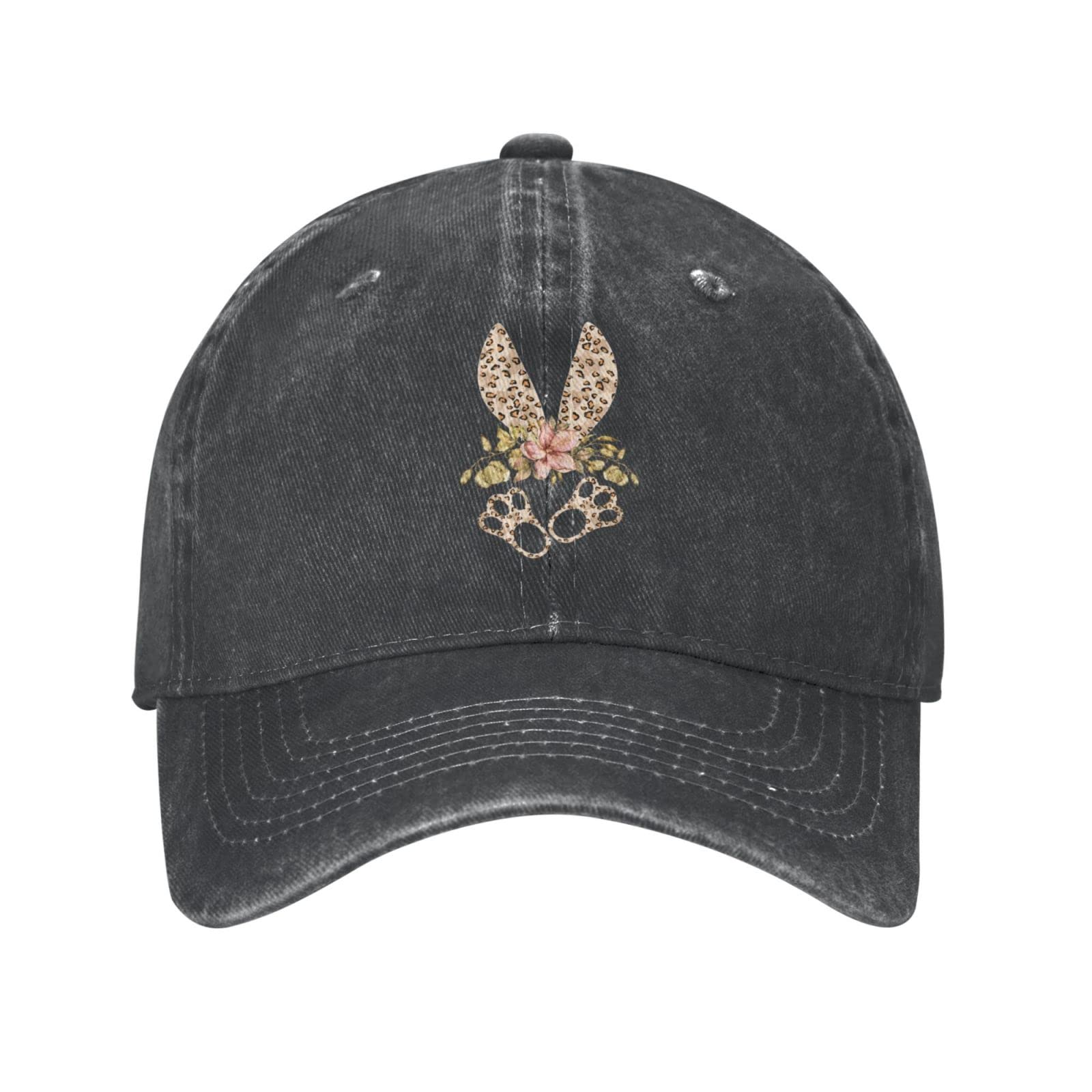 VunKo Leopard Easter Floral Bunny Black Vintage Distressed Adjustable Washed Denim Cotton Low Profile Mens Dad Trucker Hat Black Fitted Baseball Ball Cap for Men Unisex Headwear