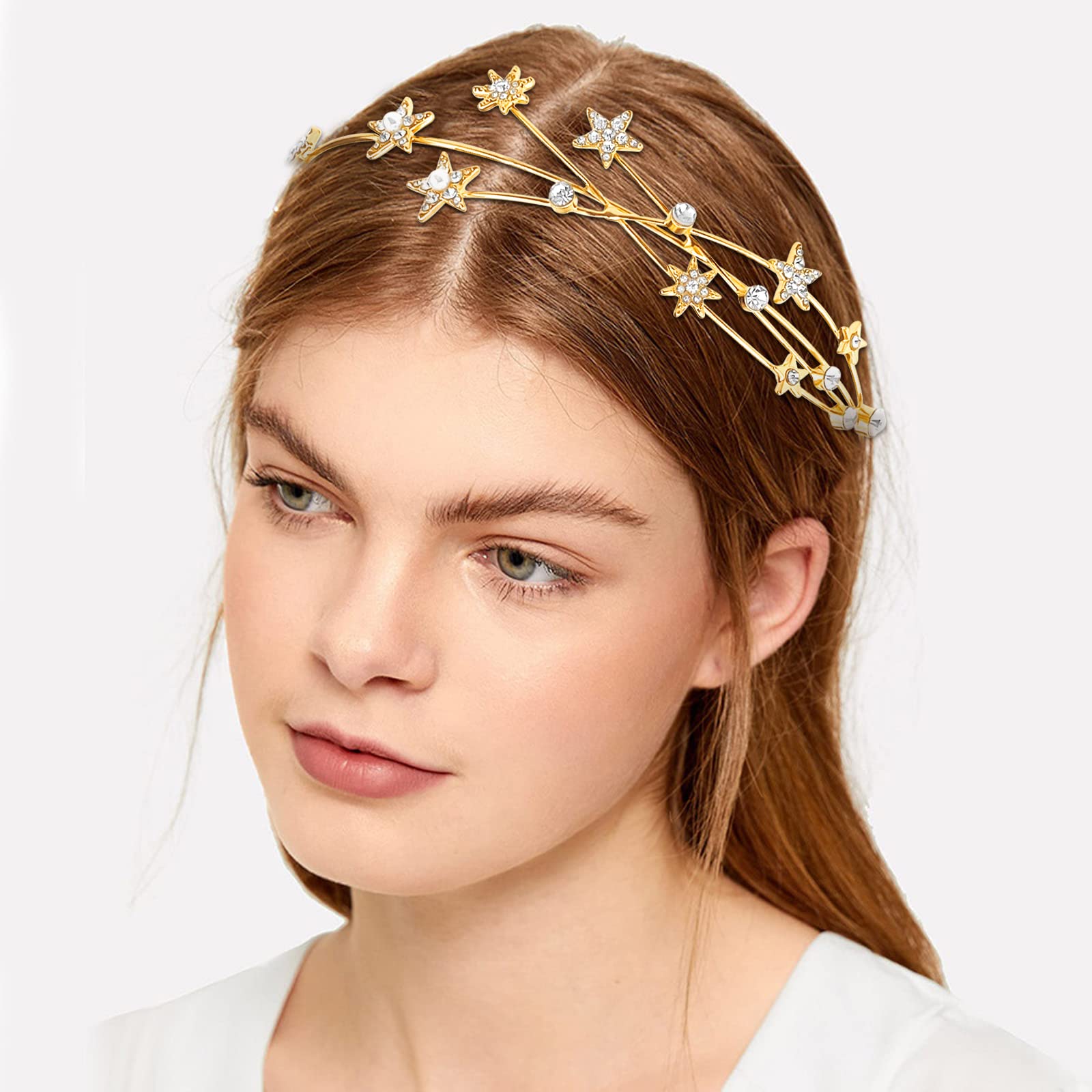 Aswewamt 2 Pcs Gold Rhinestone Alloy Five-pointed Star Headbands Bridal Hair Hoop Decorative Headpiece Wedding Hair Accessories Ornaments for Elegant Women Girls