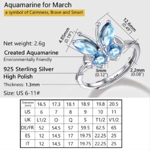 PROSILVER Blue Butterfly Rings For Women Birthstone Jewelry March Aquamarine Cubic Zirconia Silver Ring