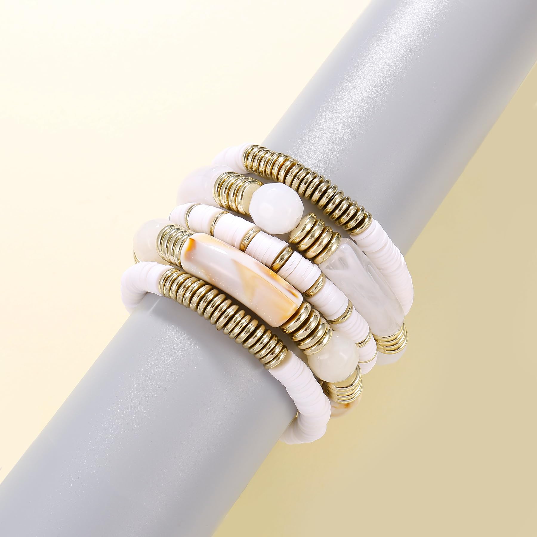 White Bamboo Tube Bangles Bracelet Chunky Curved Stacking Clear Acrylic Colorful Beads Stretchable Friendship Gold Bracelets Gifts For Bestfriends, Couple