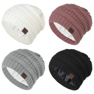 american trends satin lined beanie hats winter hats for women cable warm knit skull cap thick slouchy beanie black&light grey&white&pink