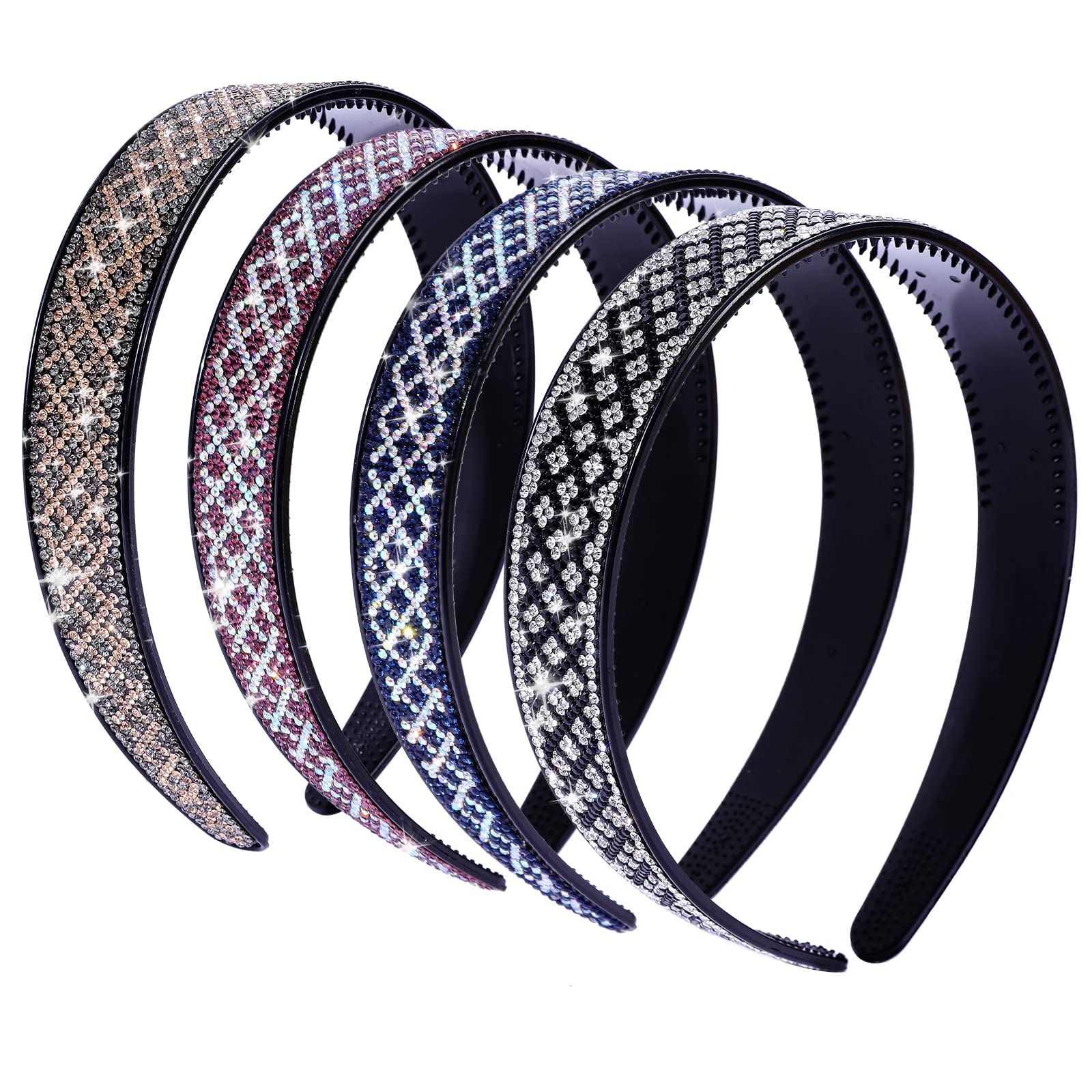 Fashion Rhinestone Headbands for Women Check Bling Headband Teeth Comb Hairbands Non Slip Hair Hoop Hair Accessories for Girls Ladies with 4PCS