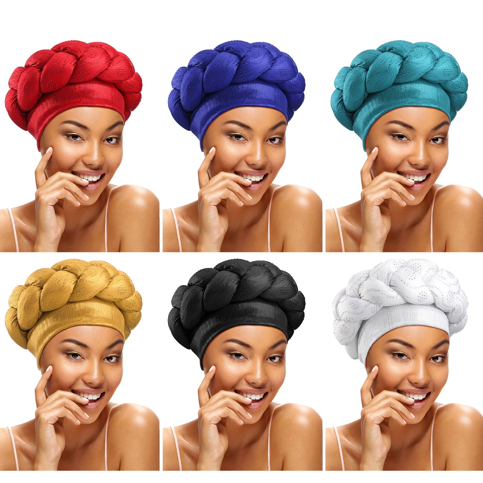 Lenwen 6 Pcs African Turban Head Wrap for Black Women Braid Beanie Cap (Novel)