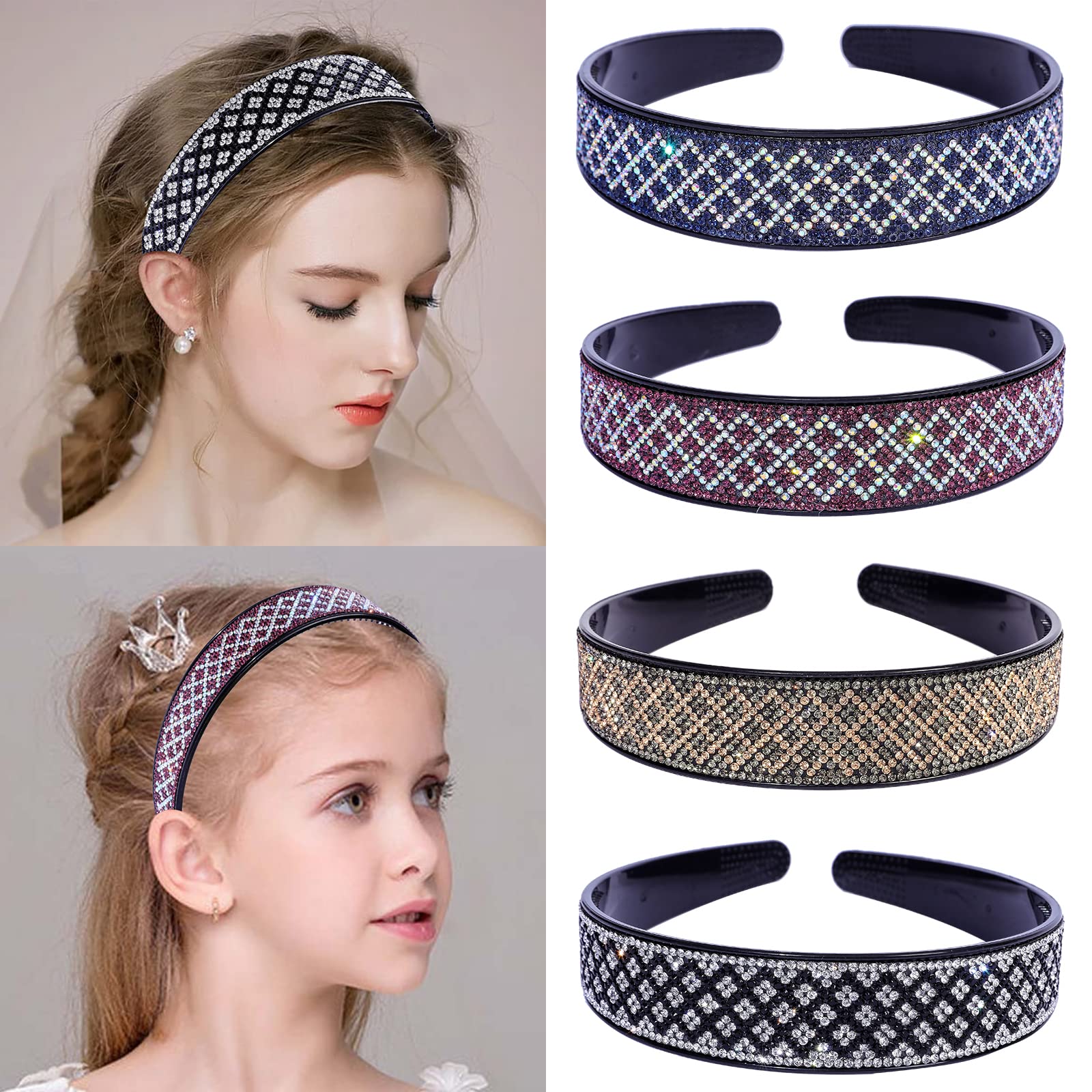 Fashion Rhinestone Headbands for Women Check Bling Headband Teeth Comb Hairbands Non Slip Hair Hoop Hair Accessories for Girls Ladies with 4PCS