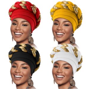 4 Pcs African Turban Head Wrap for Black Women Braid Beanie Stretchy Elastic Turban Hair Wrap(Black, White, Red, Yellow)