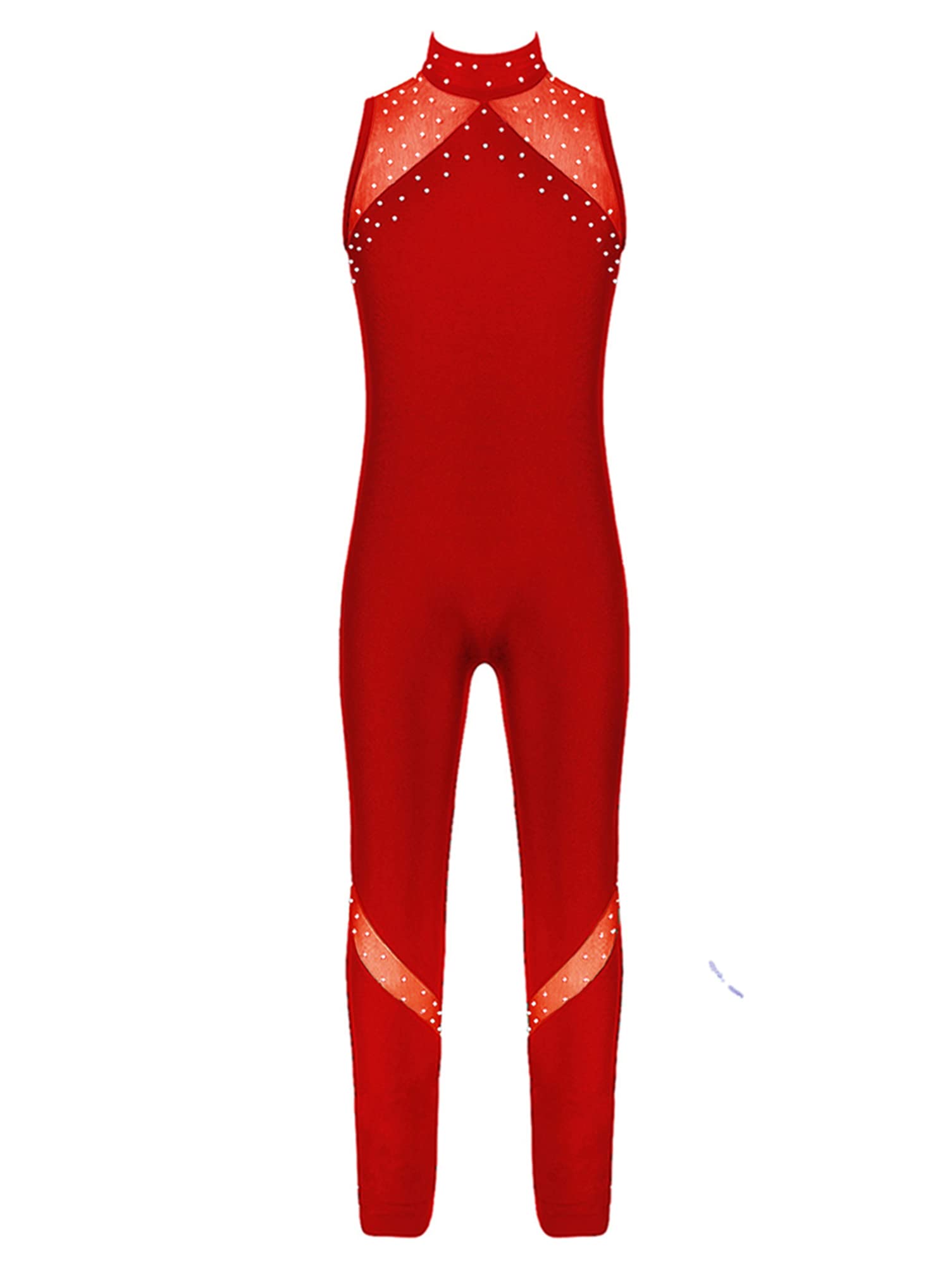 Aislor Girls Full Length One Piece Tank Dance Unitard Mock Neck Open Back Mesh Splice Bodysuit Leotard Jumpsuit Burgundy 8 Years